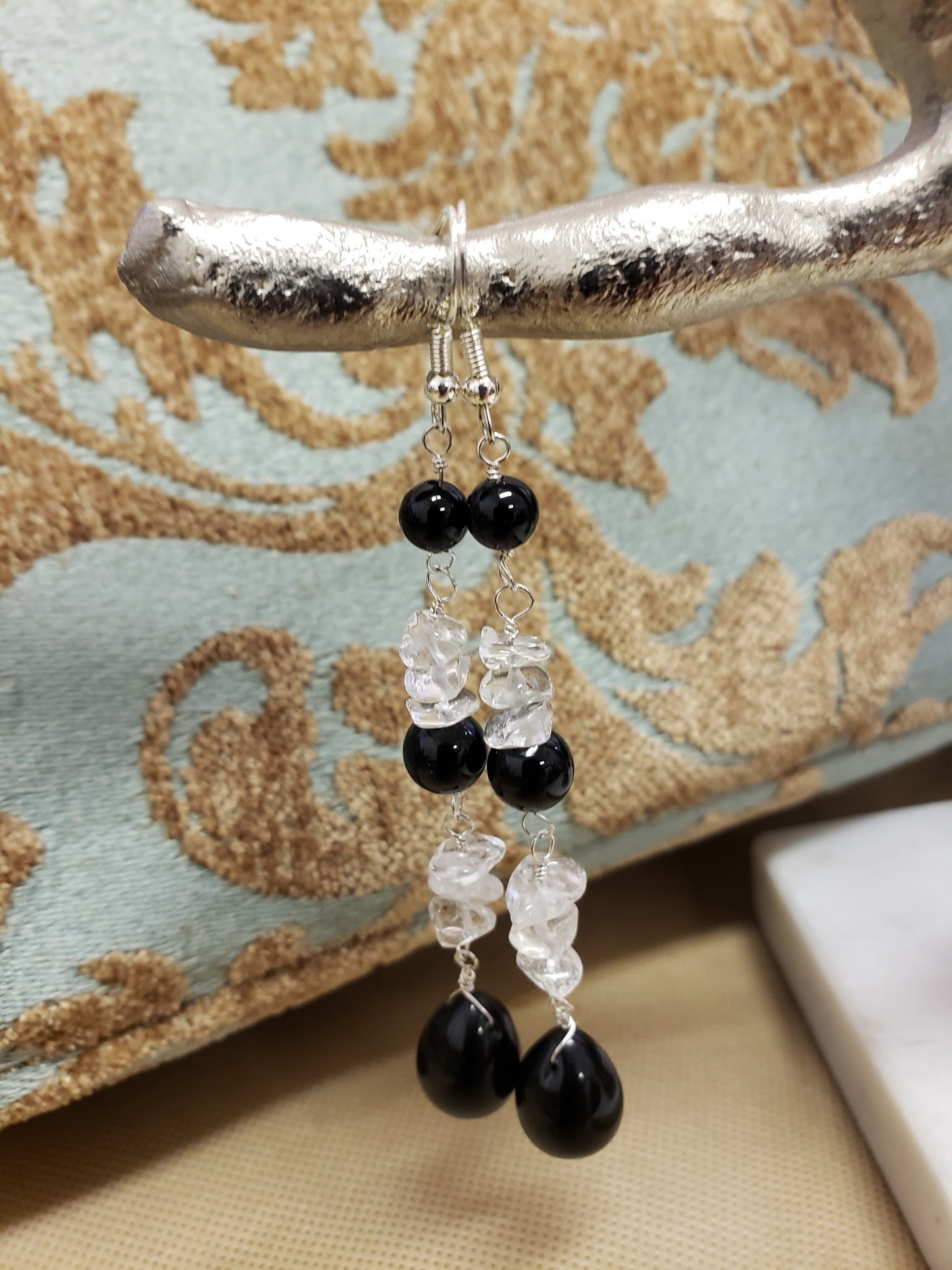 Black Onyx , Clear Quartz Long Drop Earrings