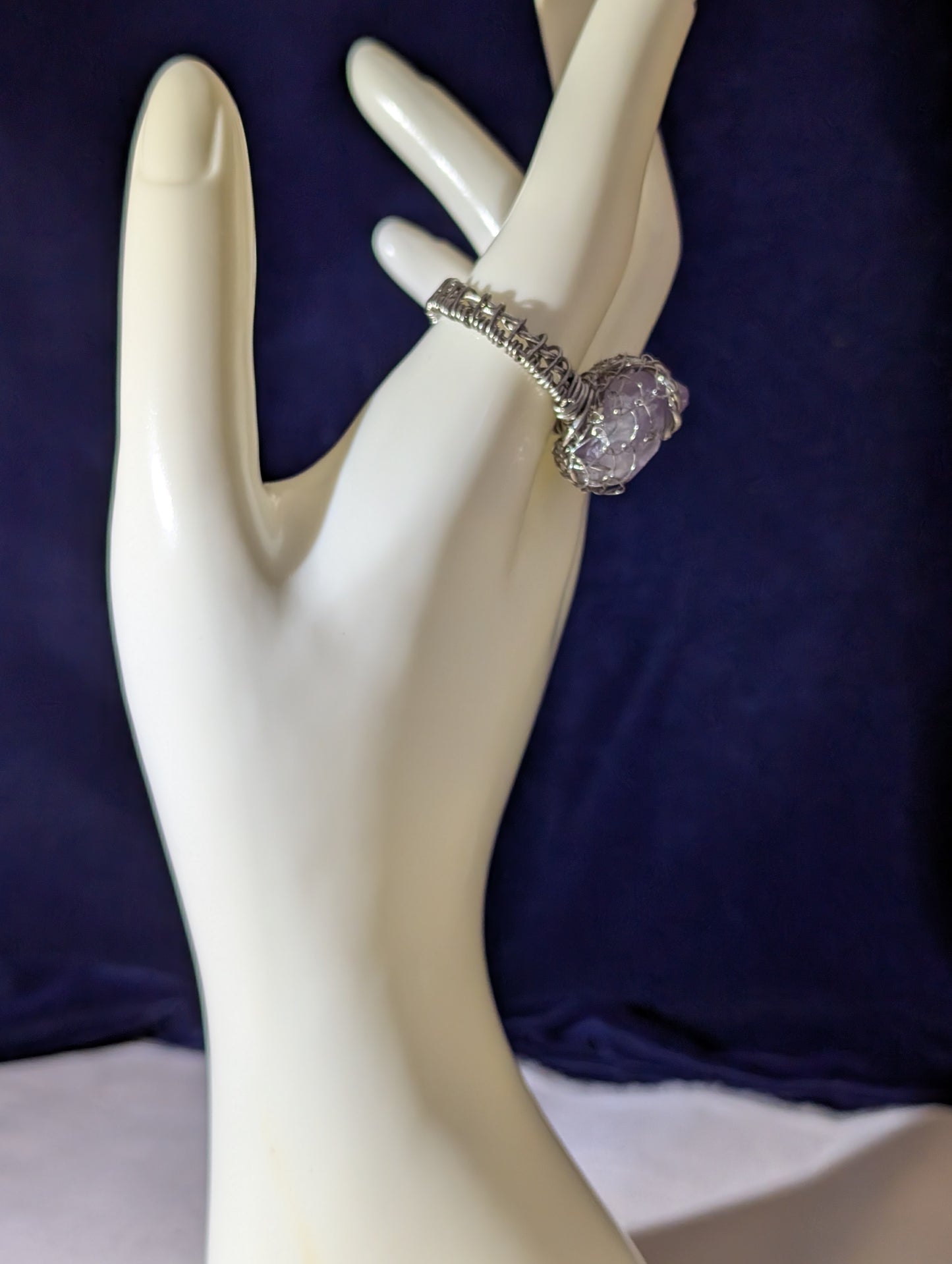 Stainless Steel Raw Amethyst-Net-Wrapped Ring