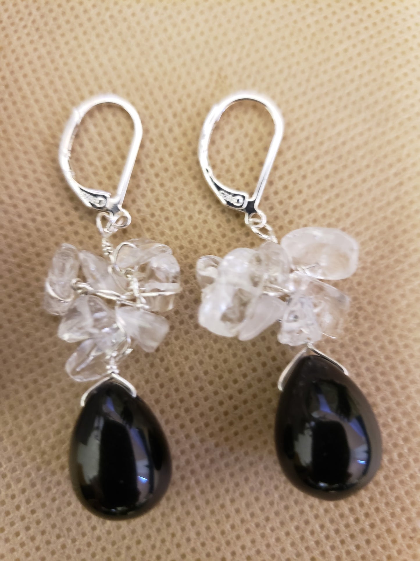 Black Onyx,Clear Quartz Earrings