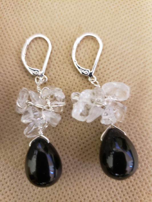 Black Onyx,Clear Quartz Earrings