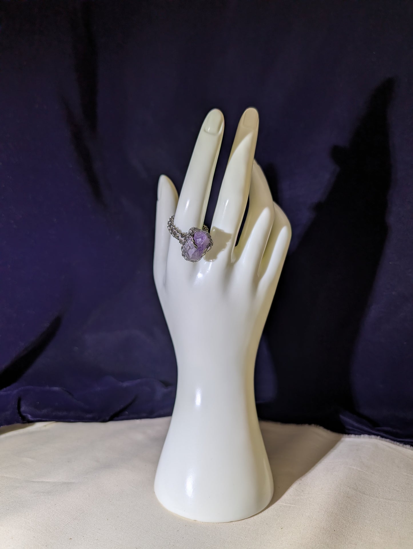 Stainless Steel Raw Amethyst-Net-Wrapped Ring