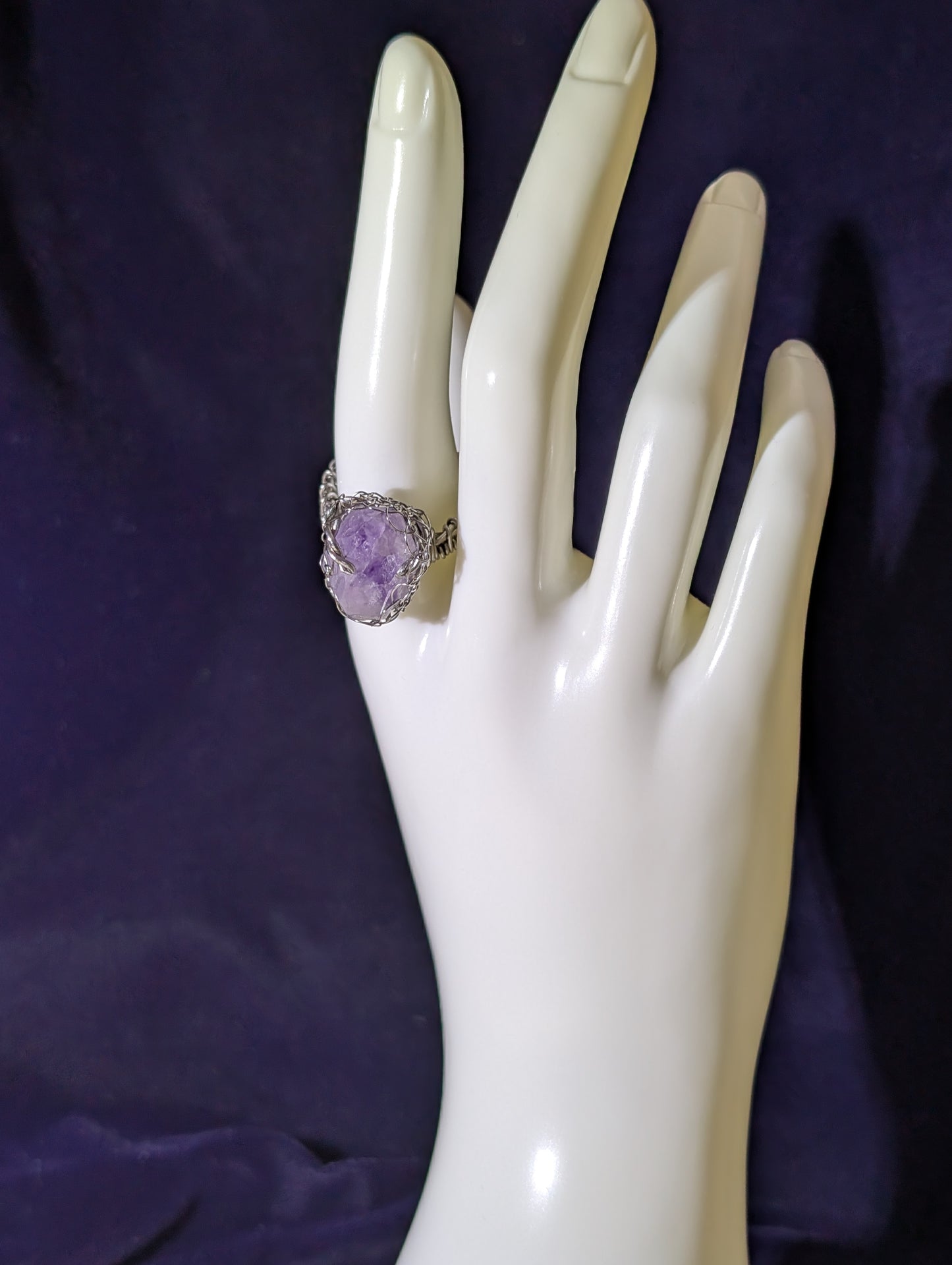 Stainless Steel Raw Amethyst-Net-Wrapped Ring