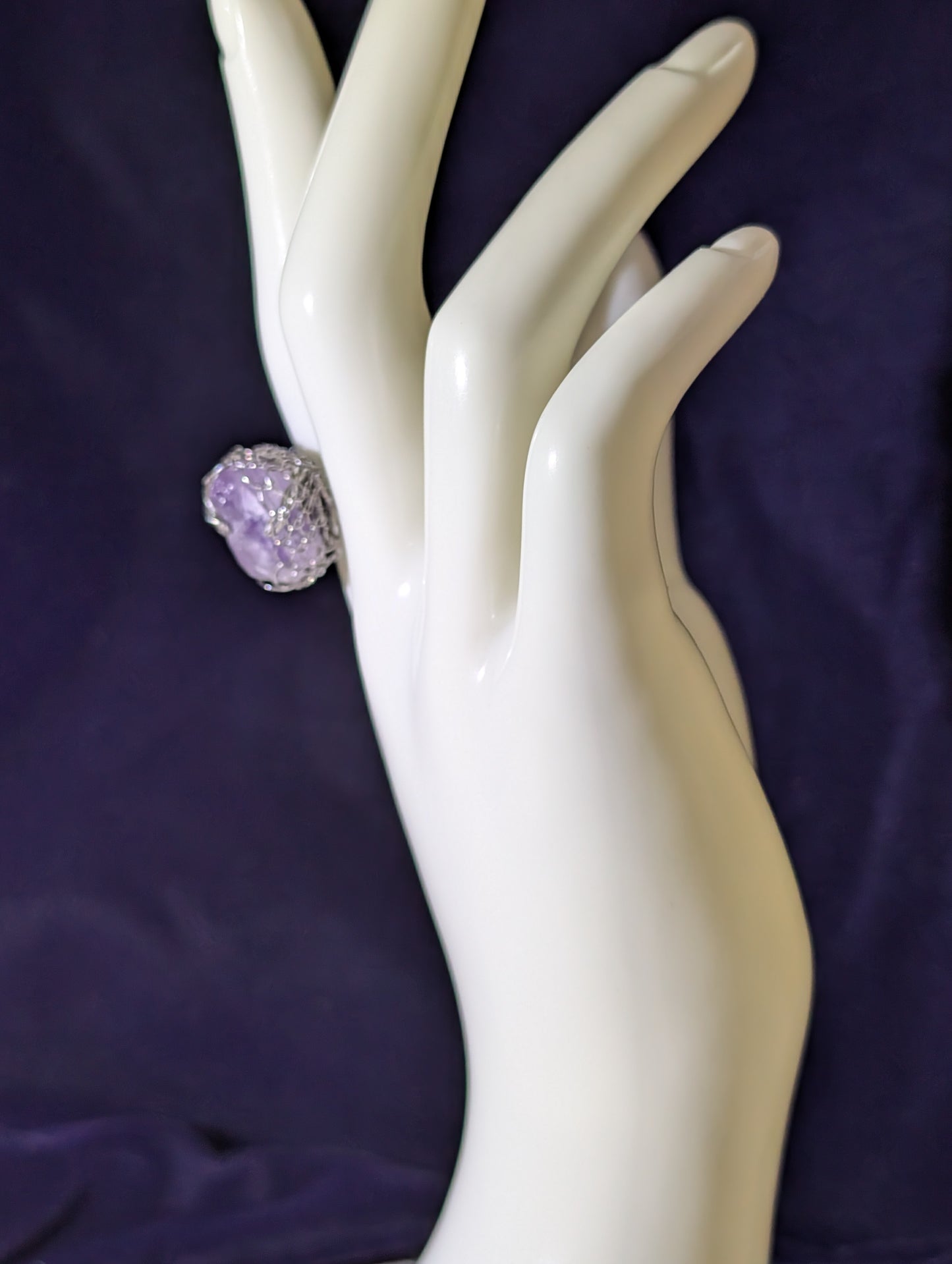 Stainless Steel Raw Amethyst-Net-Wrapped Ring